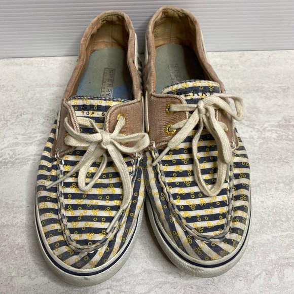 blue and white striped sperrys